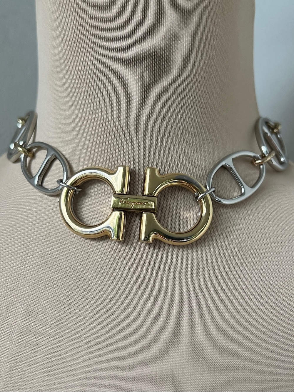Two-tone Ferragamo x Junk You! Rescued Reversible Gucci Link Choker Necklace 16”
